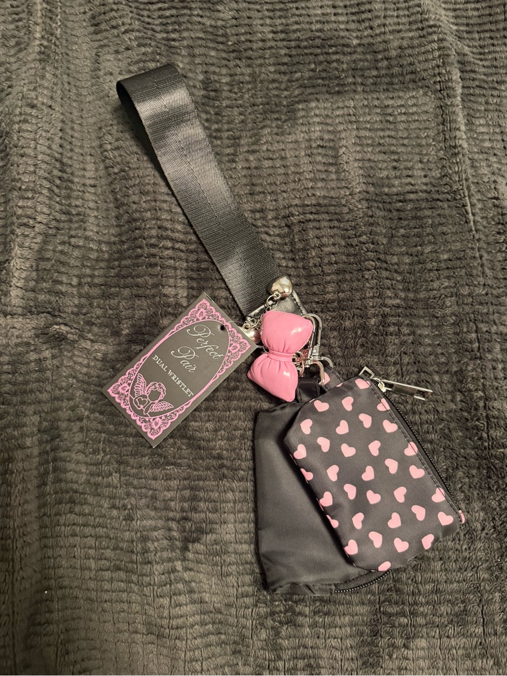 Black Wristlet Key & Card Holder with Pink Hearts and Bow Charm